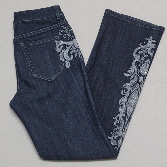 Vintage Chico's Platinum Mid-Wash Blue Silver Painted Embroidered Flared Jeans - Picture 2 of 11
